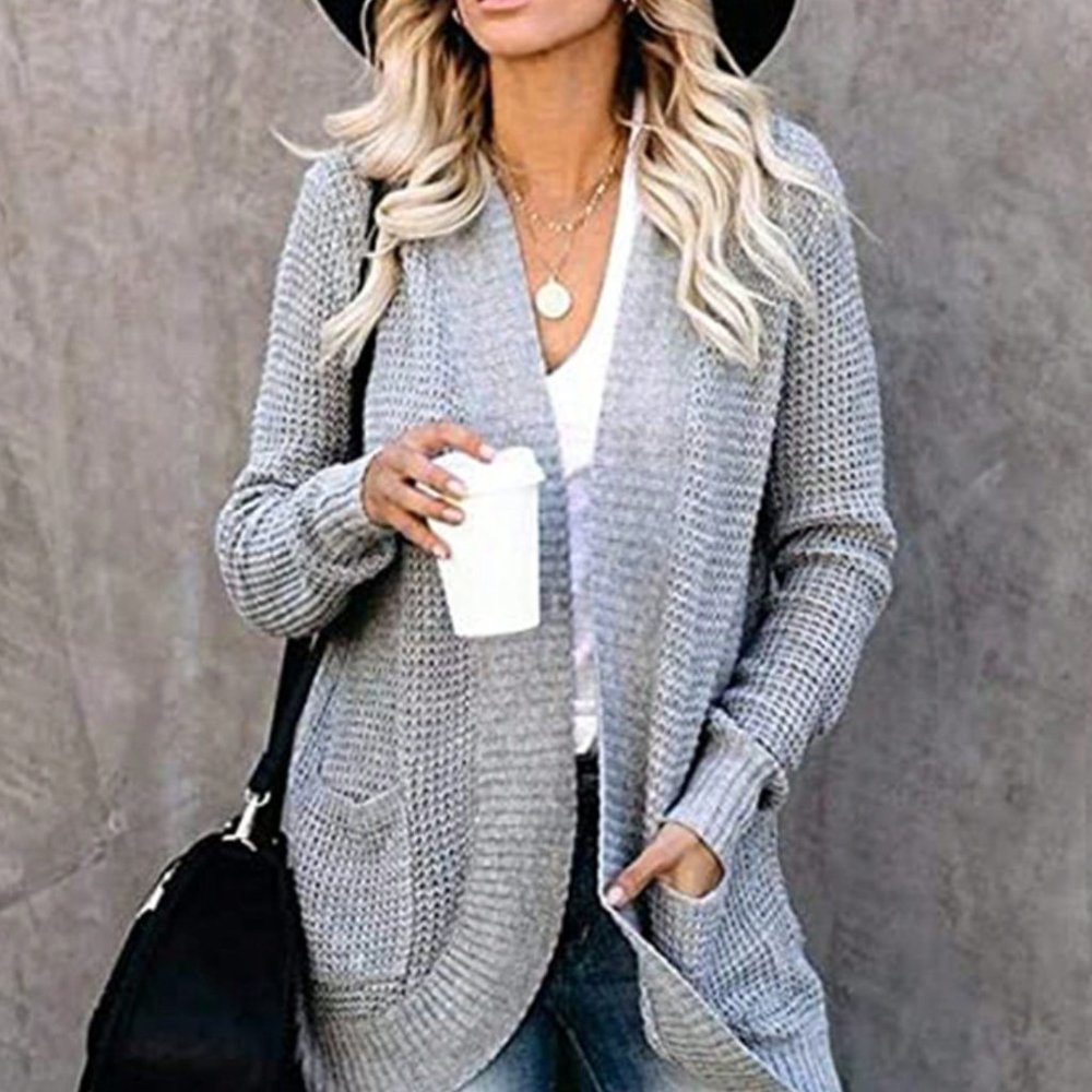 Grey Preppy Womens Dual Pocket Drop Shoulder Open Front Cardigan - Picture 4 of 5